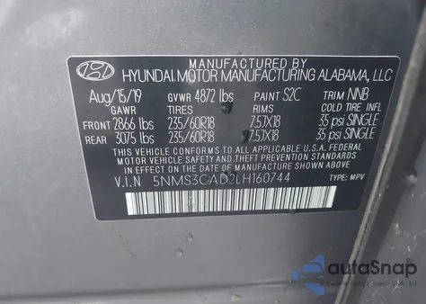 2020 Hyundai Santa Fe Sel z USA, uszkodzony, nr VIN 5NMS3CAD2LH160744